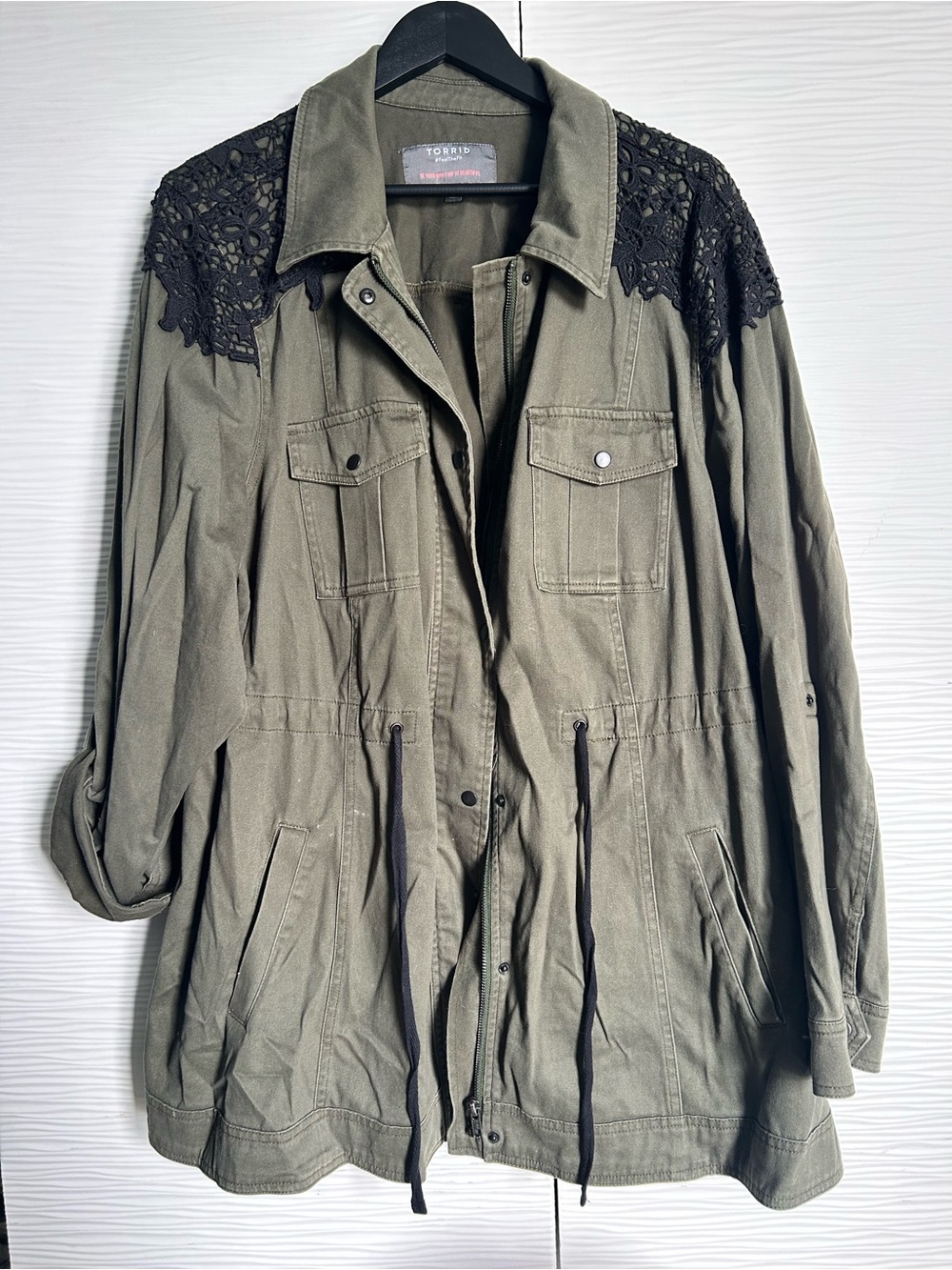 torrid Olive Utility Jacket with Black Lace Yoke
